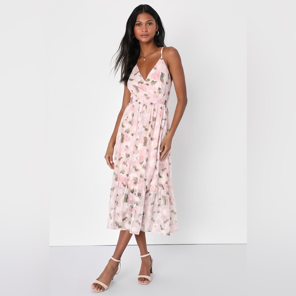 Lulu’s Pleasant Presence Blush Pink Floral Jacquard Tie-Back Midi Dress XS